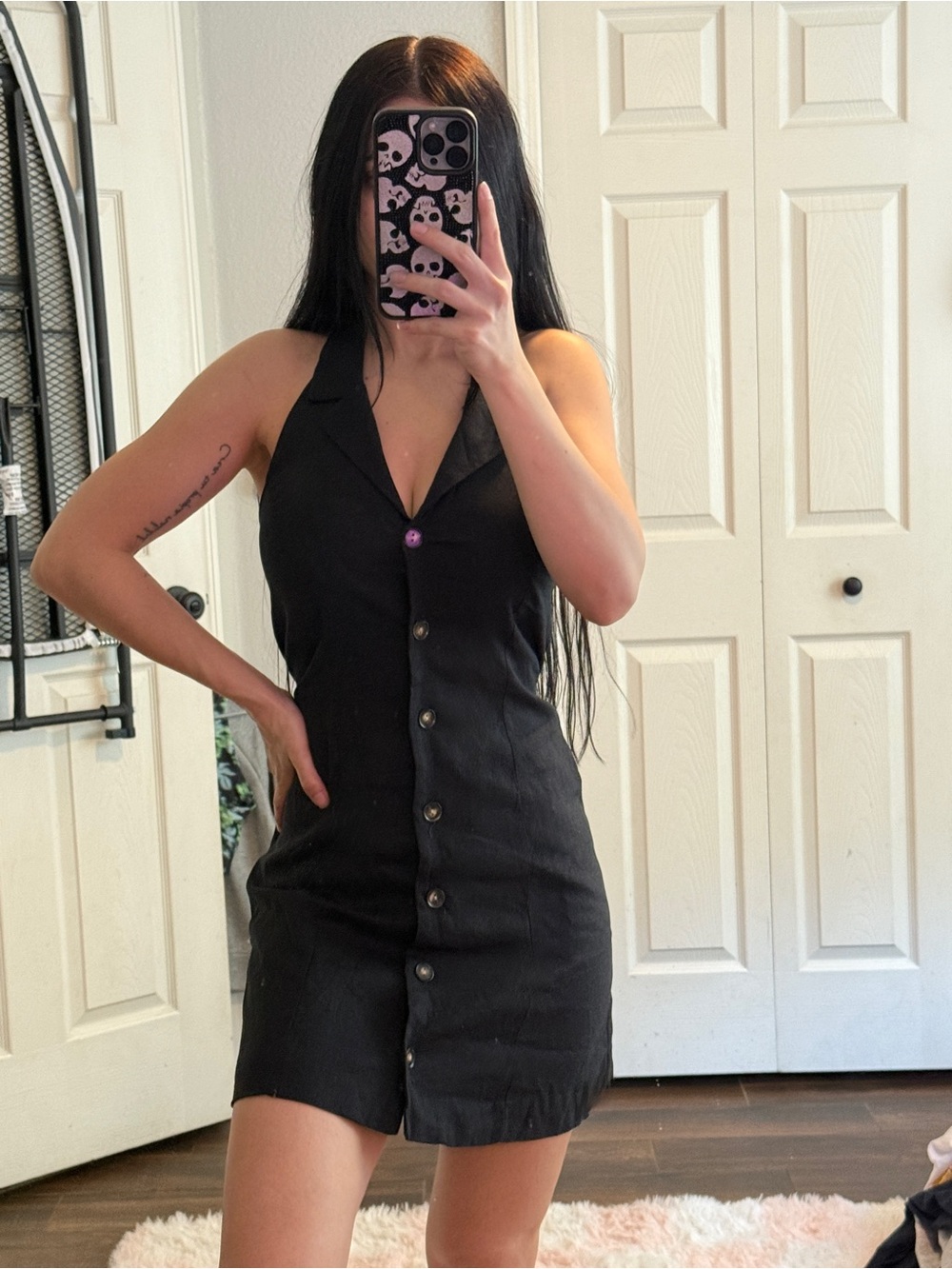 NWOT Monteau Los Angeles Linen Blend Black Halter Dress Preppy Buttons Size XS